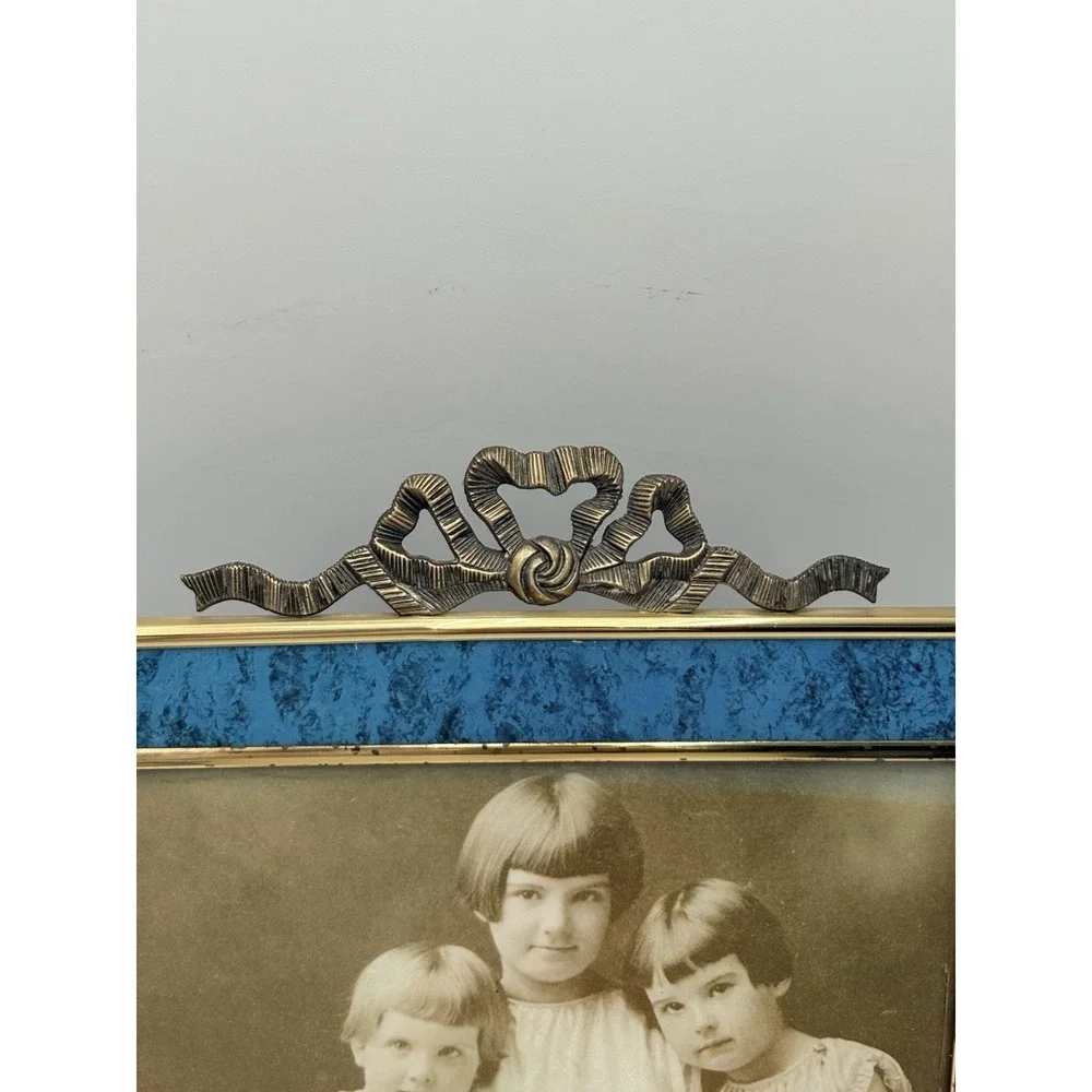 Burnes Blue Faux Marble Picture Frame 8x10 Brass Tone Ribbon Bow Korea